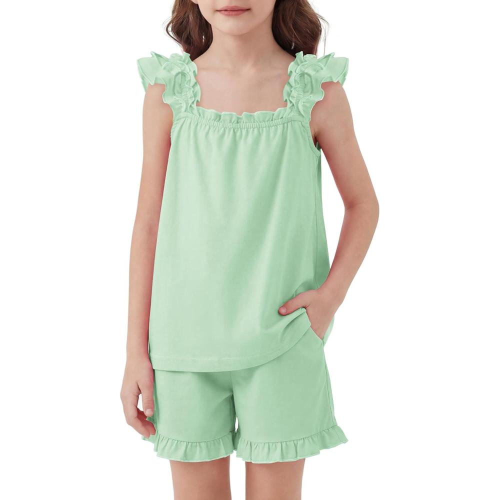 image:imageArshiner Girls Pajamas Ruffle Tank Top and Shorts Sets Soft Cute 2 Piece Sleepwear for KidsGreen