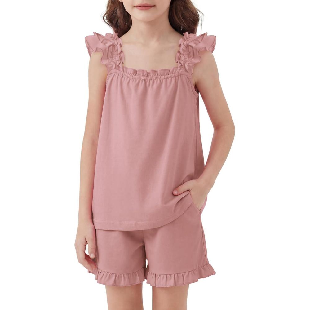 image:imageArshiner Girls Pajamas Ruffle Tank Top and Shorts Sets Soft Cute 2 Piece Sleepwear for KidsLotus Root Pink
