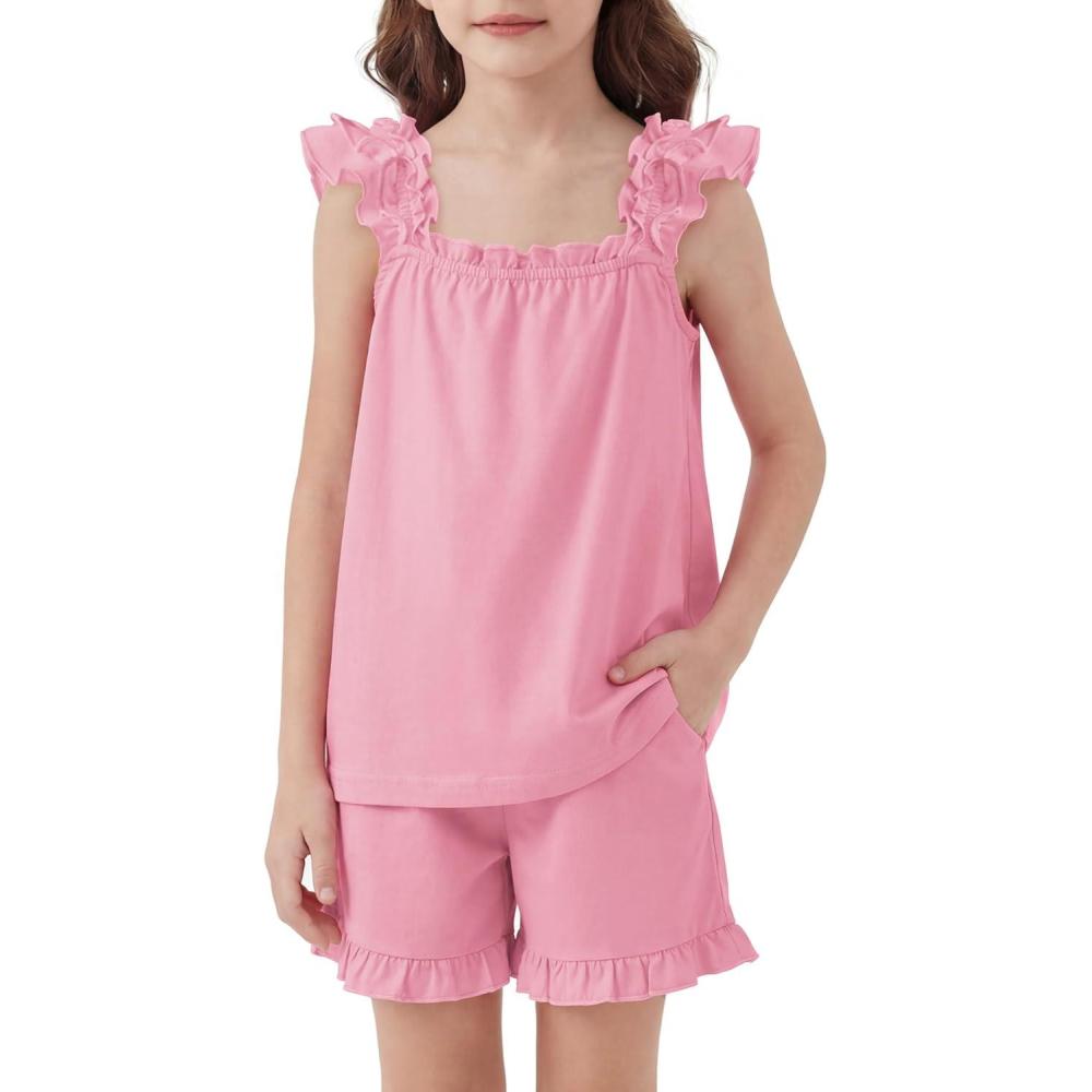 image:imageArshiner Girls Pajamas Ruffle Tank Top and Shorts Sets Soft Cute 2 Piece Sleepwear for KidsPink