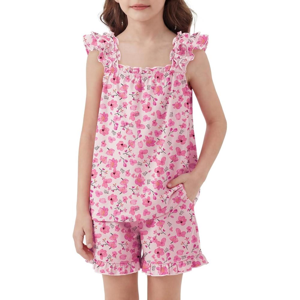 image:imageArshiner Girls Pajamas Ruffle Tank Top and Shorts Sets Soft Cute 2 Piece Sleepwear for KidsPink Flowers
