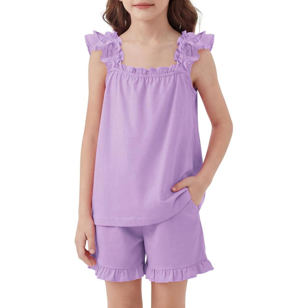 image:imageArshiner Girls Pajamas Ruffle Tank Top and Shorts Sets Soft Cute 2 Piece Sleepwear for KidsPurple