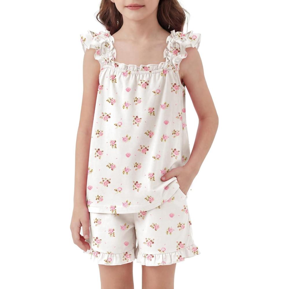 image:imageArshiner Girls Pajamas Ruffle Tank Top and Shorts Sets Soft Cute 2 Piece Sleepwear for KidsWhite Flowers