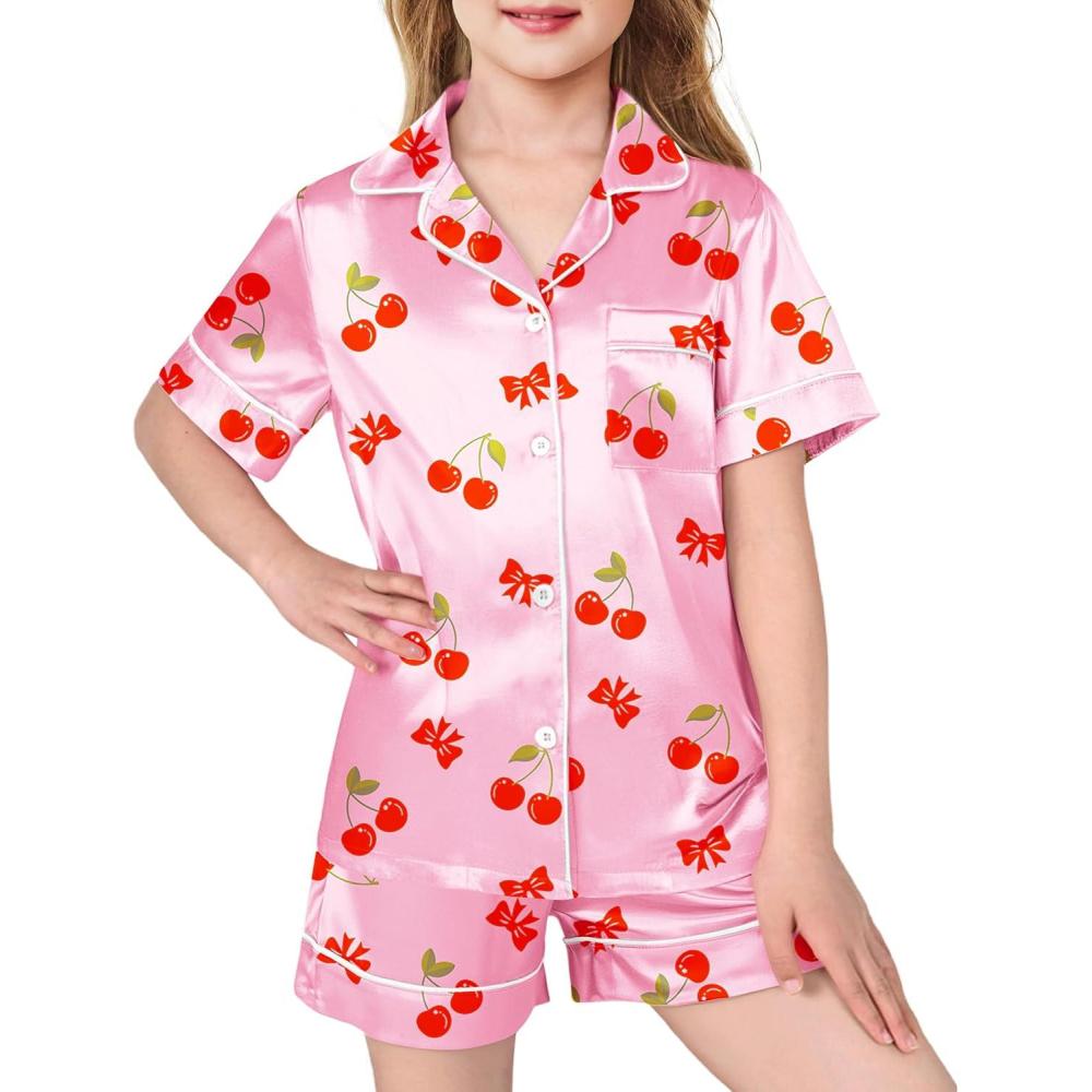 image:imageArshiner Girls Pajamas Silk Satin Pajama Sleepwear Button Down Pj Set LoungewearPink Cherry
