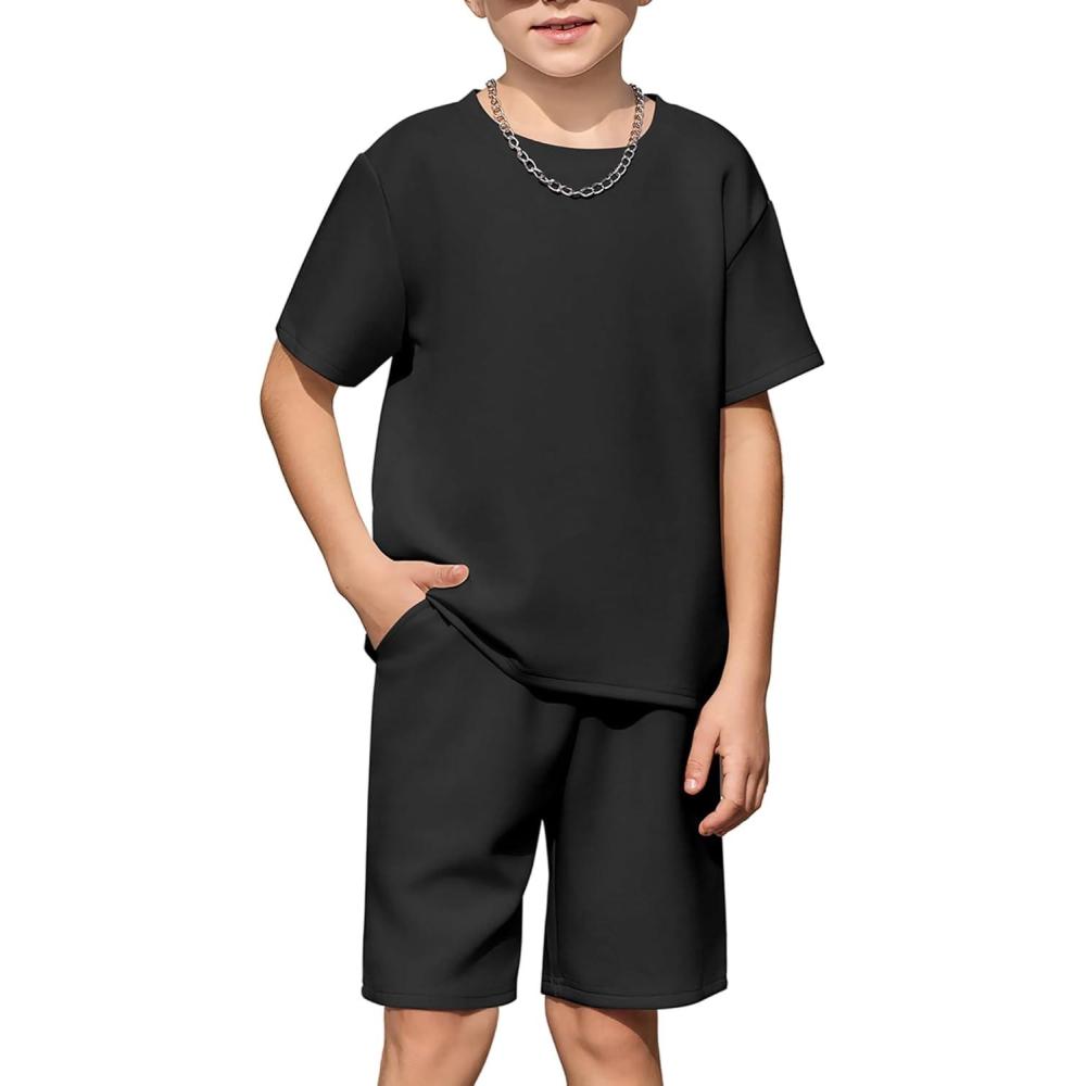 image:imageArshiner Kids Boy Drop Shoulder Tee amp Drawstring Waist Shorts With Chain NecklaceBlack
