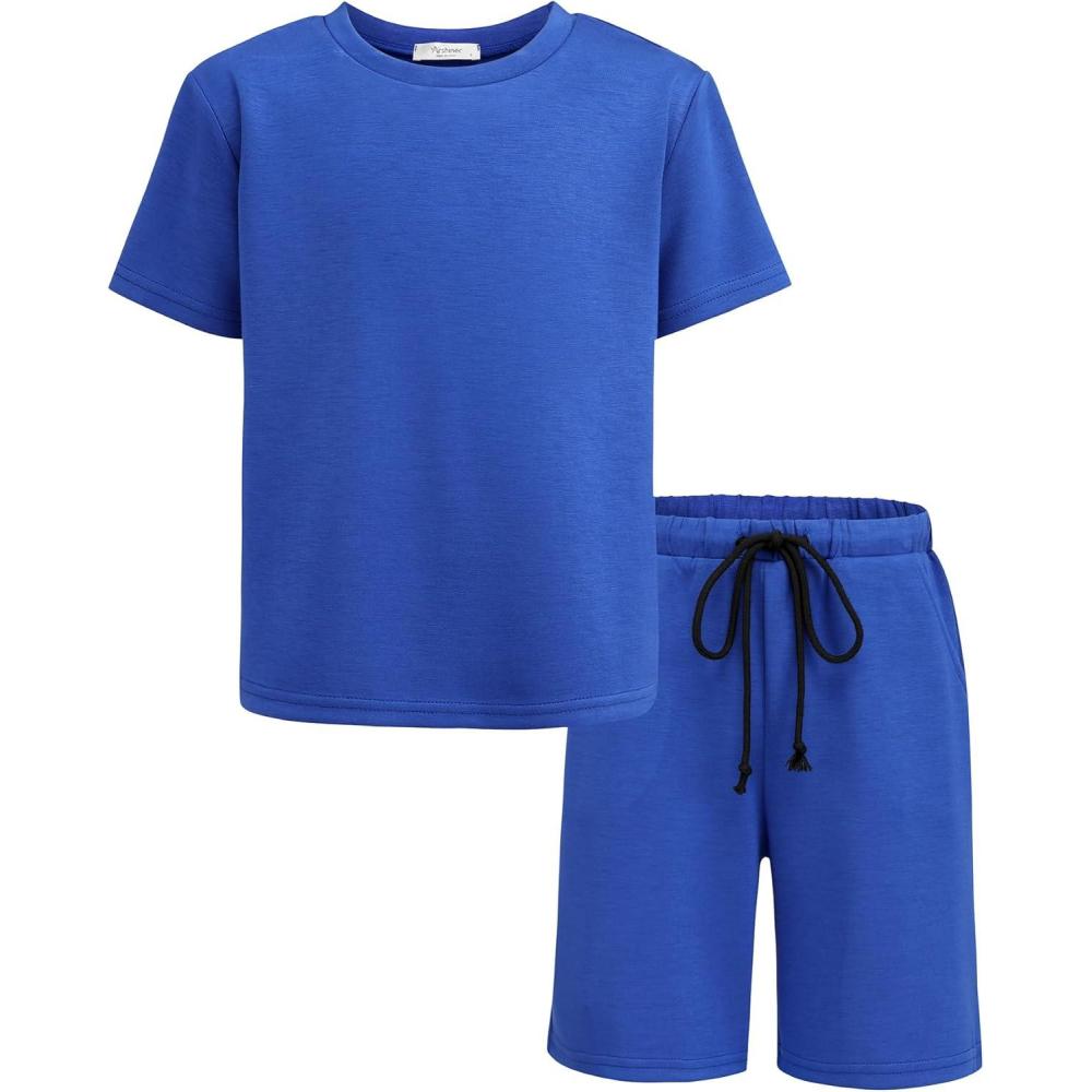 image:imageArshiner Kids Boy Drop Shoulder Tee amp Drawstring Waist Shorts With Chain NecklaceBlue