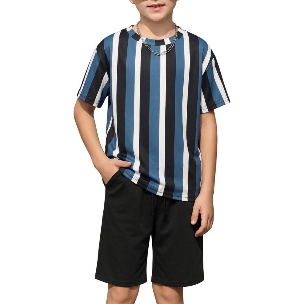 image:imageArshiner Kids Boy Drop Shoulder Tee amp Drawstring Waist Shorts With Chain NecklaceBlueBlackWhite Stripe