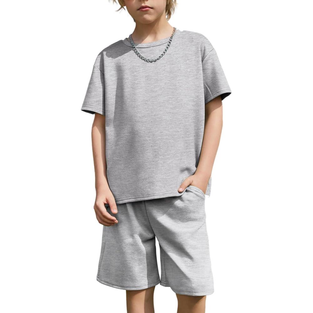 image:imageArshiner Kids Boy Drop Shoulder Tee amp Drawstring Waist Shorts With Chain NecklaceGrey