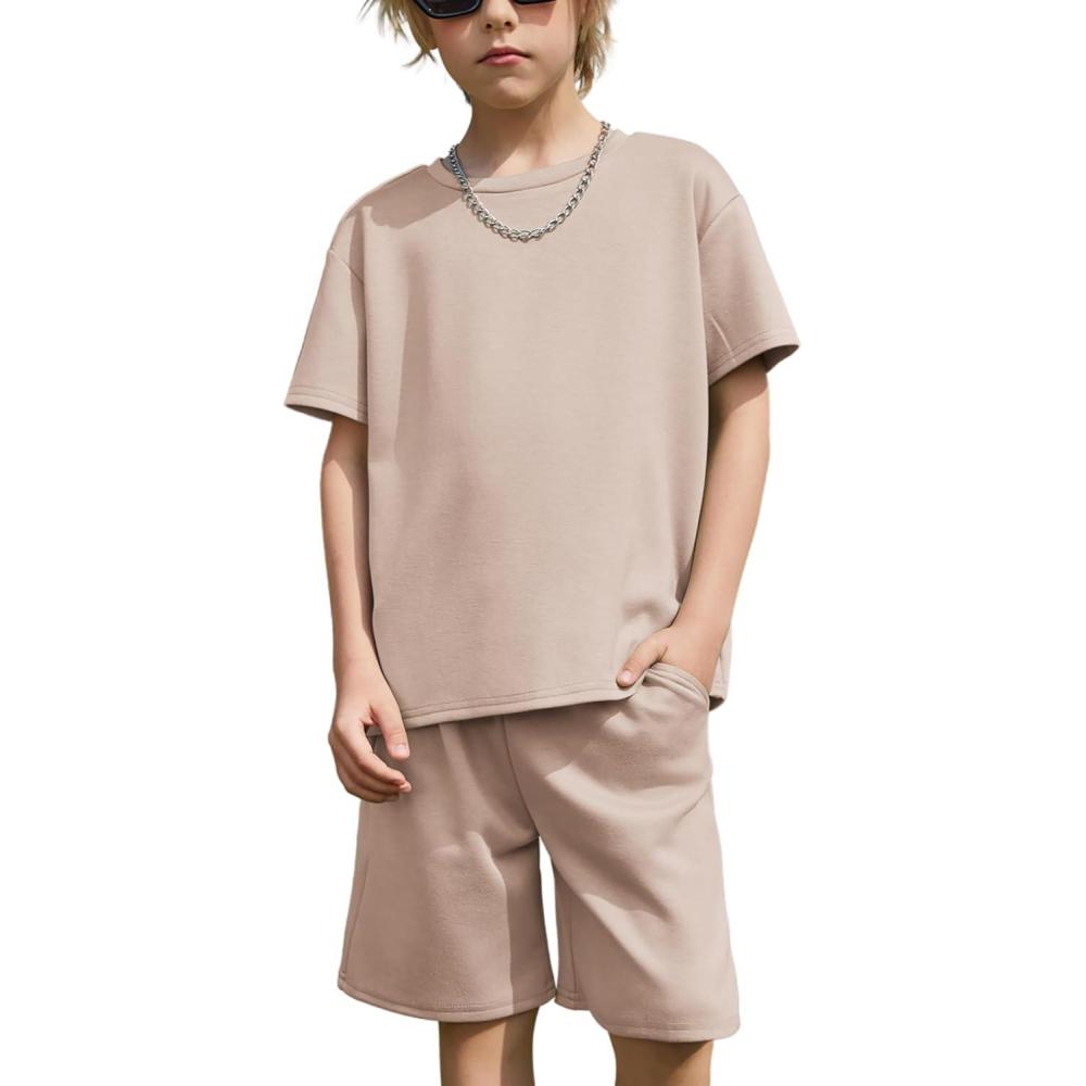 image:imageArshiner Kids Boy Drop Shoulder Tee amp Drawstring Waist Shorts With Chain NecklaceKhaki