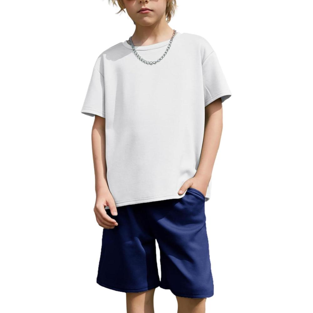 image:imageArshiner Kids Boy Drop Shoulder Tee amp Drawstring Waist Shorts With Chain NecklaceWhite Black