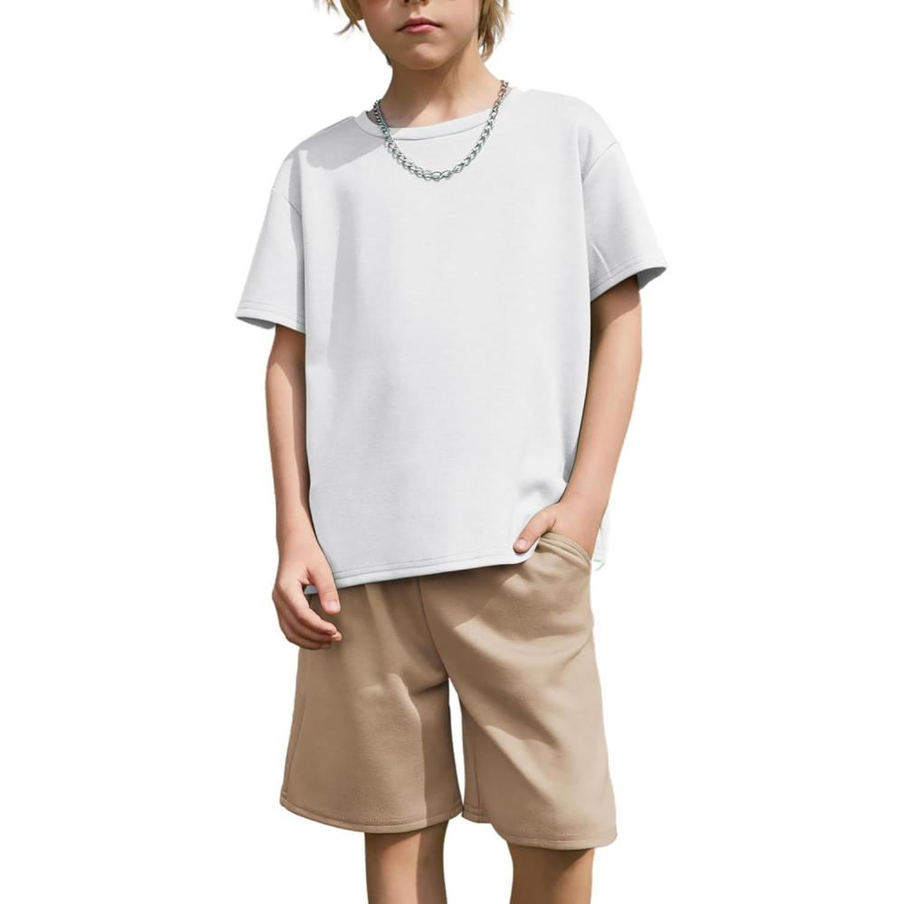 image:imageArshiner Kids Boy Drop Shoulder Tee amp Drawstring Waist Shorts With Chain NecklaceWhite Khaki