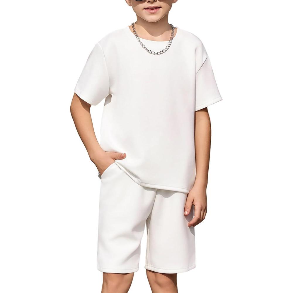 image:imageArshiner Kids Boy Drop Shoulder Tee amp Drawstring Waist Shorts With Chain NecklaceWhite