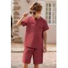 Arshiner Boy’s 2 Pieces Cotton Linen Set Casual Henley Shirts Short Sleeve Beach Shorts Summer Outfits for 5-12 Years(Burgundy)