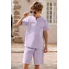 Arshiner Boy’s 2 Pieces Cotton Linen Set Casual Henley Shirts Short Sleeve Beach Shorts Summer Outfits for 5-12 Years(Lavender)