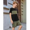 Arshiner Boys’ 2-Piece Cotton Outfit Color Block T-Shirt and Shorts Set Summer Camo Clothes for Kids 5-14 Years(Black & Army Green & Black)