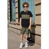 Arshiner Boys’ 2-Piece Cotton Outfit Color Block T-Shirt and Shorts Set Summer Camo Clothes for Kids 5-14 Years(Black & Army Green & Black)
