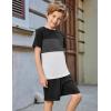 Arshiner Boys’ 2-Piece Cotton Outfit Color Block T-Shirt and Shorts Set Summer Camo Clothes for Kids 5-14 Years(Black & Grey & White)