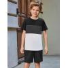 Arshiner Boys’ 2-Piece Cotton Outfit Color Block T-Shirt and Shorts Set Summer Camo Clothes for Kids 5-14 Years(Black & Grey & White)
