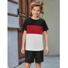 Arshiner Boys’ 2-Piece Cotton Outfit Color Block T-Shirt and Shorts Set Summer Camo Clothes for Kids 5-14 Years(Black & Red & White)