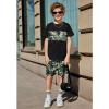Arshiner Boys’ 2-Piece Cotton Outfit Color Block T-Shirt and Shorts Set Summer Camo Clothes for Kids 5-14 Years(Camo – Black & Army Green)