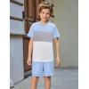 Arshiner Boys’ 2-Piece Cotton Outfit Color Block T-Shirt and Shorts Set Summer Camo Clothes for Kids 5-14 Years(Light Blue & Grey & White)