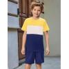 Arshiner Boys’ 2-Piece Cotton Outfit Color Block T-Shirt and Shorts Set Summer Camo Clothes for Kids 5-14 Years(Yellow & White & Navy)