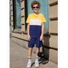 Arshiner Boys’ 2-Piece Cotton Outfit Color Block T-Shirt and Shorts Set Summer Camo Clothes for Kids 5-14 Years(Yellow & White & Navy)