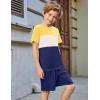 Arshiner Boys’ 2-Piece Cotton Outfit Color Block T-Shirt and Shorts Set Summer Camo Clothes for Kids 5-14 Years(Yellow & White & Navy)