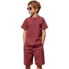 Arshiner Boy’s 2 Pieces Cotton Linen Set Casual Henley Shirts Short Sleeve Beach Shorts Summer Outfits for 5-12 Years(Burgundy)
