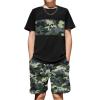 Arshiner Boys’ 2-Piece Cotton Outfit Color Block T-Shirt and Shorts Set Summer Camo Clothes for Kids 5-14 Years(Camo – Black & Army Green)