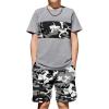 Arshiner Boys’ 2-Piece Cotton Outfit Color Block T-Shirt and Shorts Set Summer Camo Clothes for Kids 5-14 Years(Camo – Grey)