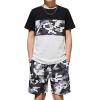 Arshiner Boys’ 2-Piece Cotton Outfit Color Block T-Shirt and Shorts Set Summer Camo Clothes for Kids 5-14 Years(Camouflage – Black Grey)