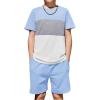 Arshiner Boys’ 2-Piece Cotton Outfit Color Block T-Shirt and Shorts Set Summer Camo Clothes for Kids 5-14 Years(Light Blue & Grey & White)