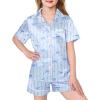 Arshiner Girls Pajamas Silk Satin Pajama Sleepwear Button Down Pj Set Loungewear(Blue Striped Bow)