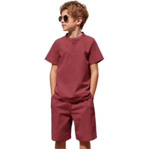 Arshiner Boy’s 2 Pieces Cotton Linen Set Casual Henley Shirts Short Sleeve Beach Shorts Summer Outfits for 5-12 Years(Burgundy)