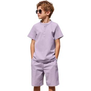 Arshiner Boy’s 2 Pieces Cotton Linen Set Casual Henley Shirts Short Sleeve Beach Shorts Summer Outfits for 5-12 Years(Lavender)