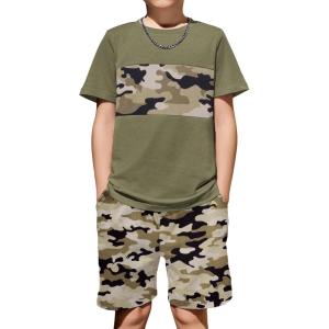 Arshiner Boys’ 2-Piece Cotton Outfit Color Block T-Shirt and Shorts Set Summer Camo Clothes for Kids 5-14 Years(Army Green)