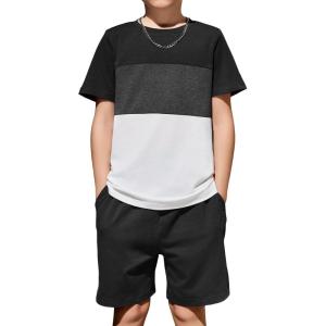 Arshiner Boys’ 2-Piece Cotton Outfit Color Block T-Shirt and Shorts Set Summer Camo Clothes for Kids 5-14 Years(Black & Grey & White)