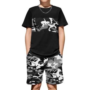 Arshiner Boys’ 2-Piece Cotton Outfit Color Block T-Shirt and Shorts Set Summer Camo Clothes for Kids 5-14 Years(Black – Grey Camouflage)