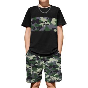 Arshiner Boys’ 2-Piece Cotton Outfit Color Block T-Shirt and Shorts Set Summer Camo Clothes for Kids 5-14 Years(Camo – Black & Army Green)