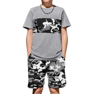 Arshiner Boys’ 2-Piece Cotton Outfit Color Block T-Shirt and Shorts Set Summer Camo Clothes for Kids 5-14 Years(Camo – Grey)
