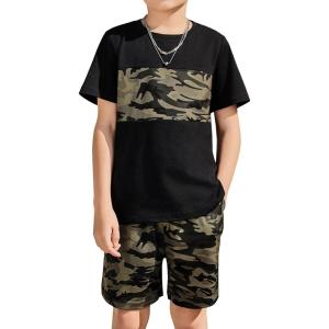 Arshiner Boys’ 2-Piece Cotton Outfit Color Block T-Shirt and Shorts Set Summer Camo Clothes for Kids 5-14 Years(Camouflage – Army Green)