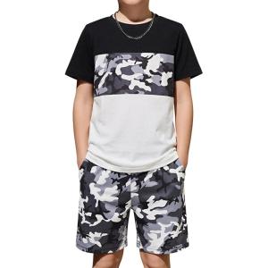 Arshiner Boys’ 2-Piece Cotton Outfit Color Block T-Shirt and Shorts Set Summer Camo Clothes for Kids 5-14 Years(Camouflage – Black Grey)