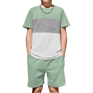 Arshiner Boys’ 2-Piece Cotton Outfit Color Block T-Shirt and Shorts Set Summer Camo Clothes for Kids 5-14 Years(Green & Grey & White)