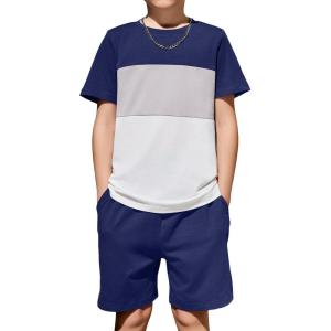 Arshiner Boys’ 2-Piece Cotton Outfit Color Block T-Shirt and Shorts Set Summer Camo Clothes for Kids 5-14 Years(Navy & Grey & White)