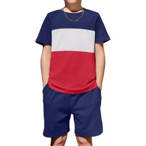 Arshiner Boys’ 2-Piece Cotton Outfit Color Block T-Shirt and Shorts Set Summer Camo Clothes for Kids 5-14 Years(Navy & White & Red)