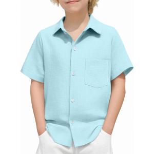 Arshiner Boys Button Down Shirt 100% Cotton Short Sleeve Shirt Solid Summer Beach Shirts with Pocket Size 4-14 Years(Blue)