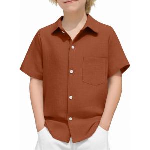 Arshiner Boys Button Down Shirt 100% Cotton Short Sleeve Shirt Solid Summer Beach Shirts with Pocket Size 4-14 Years(Caramel)