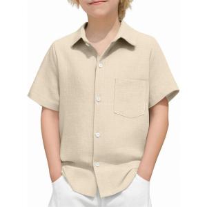 Arshiner Boys Button Down Shirt 100% Cotton Short Sleeve Shirt Solid Summer Beach Shirts with Pocket Size 4-14 Years(Champagne)