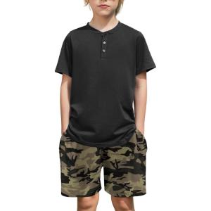 Arshiner Boy’s Henley T-Shirt and Shorts Set 2 Pieces Summer Clothing Outfits 10-11 Years Green & Camo