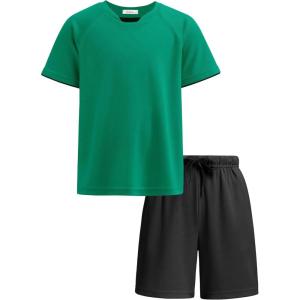 Arshiner Boys Loose Athletic Shorts Set Performance Crew Neck T-Shirt and Mesh Short 2 Piece Outfit for Active Kids(Green/Black)